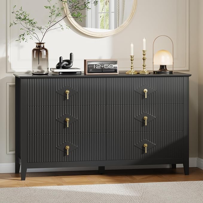 GarveeHome Fluted Dresser for Bedroom, 54 Inch Wide 6-Drawer Wood Dresser, Modern Chest of Drawers, Storage Organizer Cabinet for Living Room, Hallway, Entryway, Black by GarveeHome