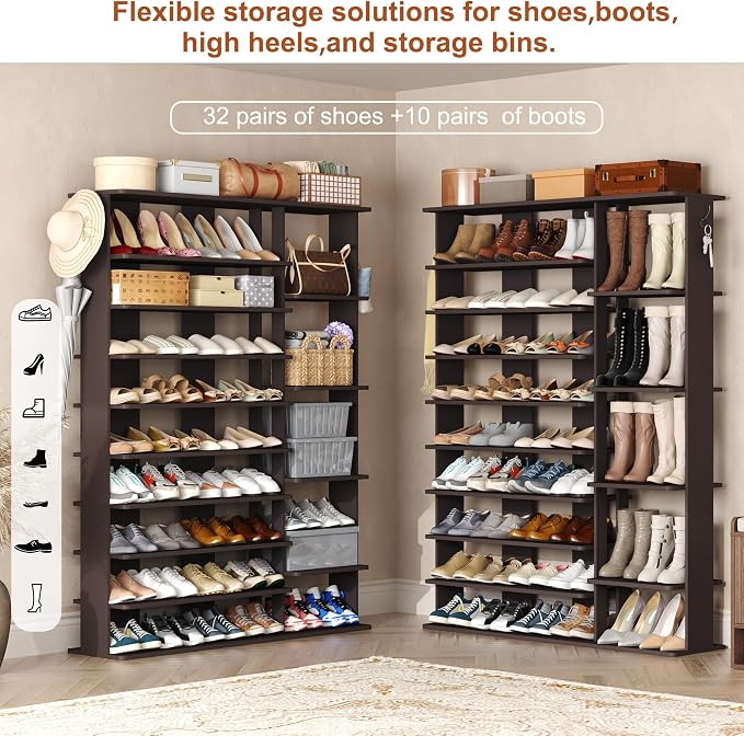 HOMEFORT 10 Tiers Shoe Rack, 50 Pairs Large Shoe Shelf, 61.8" Tall Shoe Tower, Freestanding Shoe Rack Organizer with Open Shelves, Wood Shoe Stand for Boot Storage, for Closet, Entryway, Espresso - Image 4