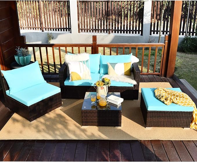 Tangkula 5 Piece Outdoor Patio Furniture Set, Sturdy Frame and Weight Capacity Up to 360 Pound, Wicker Sectional Sofa Set with Glass Top Coffee Table, Porch Garden Poolside Furniture for 4 (Turquoise)