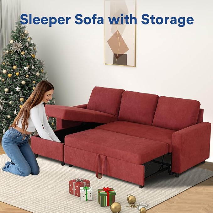 Rovibek 83" Convertible Sofa Bed Couch with Storage - 4 in 1 L Shaped Sofa with Pull Out Couch Bed for Living Room, Apartment, Office, Small Spaces, Red