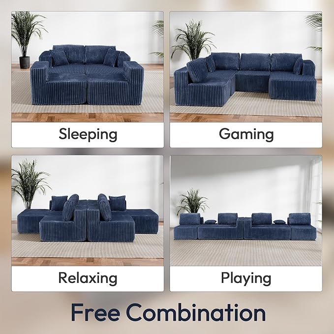132" U Shaped Couch, Modular Sectional Sofa with Chaise, Corduroy U Shaped Boneless Couch with Deep Seat, Upholstered Modular Cloud Sofa for Living Room, No Assembly Required, Blue