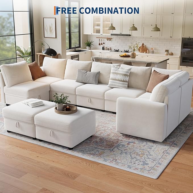 Sectional Couches for Living Room, Cloud Couch Sectional with Large Storage, l-Shape Modular Sectional Sofa with Ottoman (Beige 9-Seater)