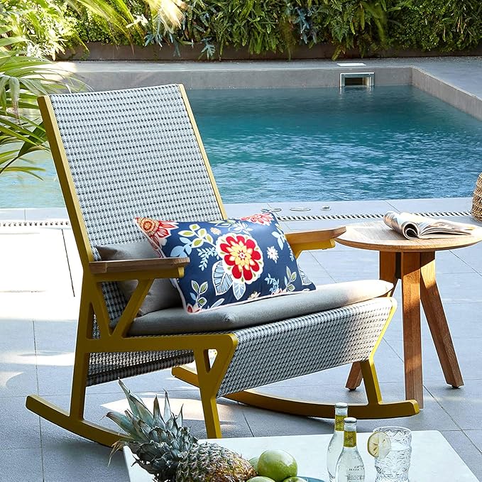 JMGBird Water-Resistant Outdoor Pillows Set of 2, 12x20 inch Durable Red Flowers Blue Background Throw Pillows with Inserts for Patio Furniture