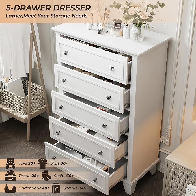 GAOMON White 5 Drawer Dresser for Bedroom, 48" Tall Wood Dresser & Chests of Drawers with Deep Drawers, Modern Chest Organizer with Metal Handles for Living Room, Hallway, Entryway - Image 5