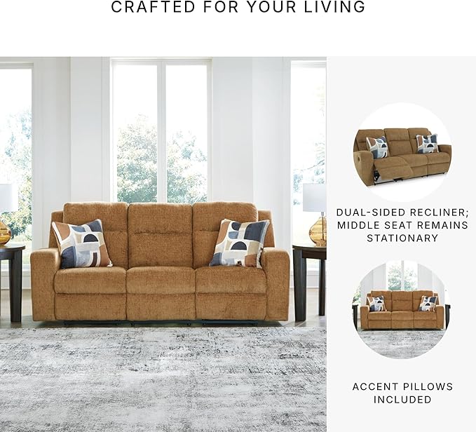 Signature Design by Ashley Kanlow Contemporary Manual Reclining Sofa with 2 Accent Pillows, Light Brown