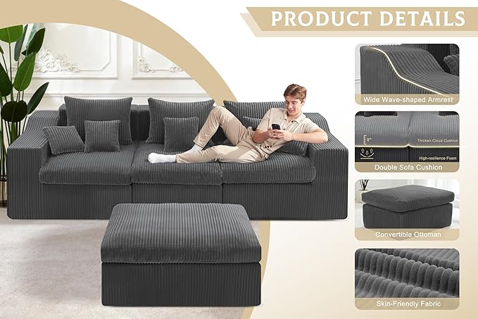 101" Modular Couch Sectionals with Ottoman, Big Comfy Cloud Couches, L Shaped 4 Seat Modular Sectional Sofa, Sectional Double Cushion Couches with Deep Seat for Living Room,No Assembly Required (Grey)
