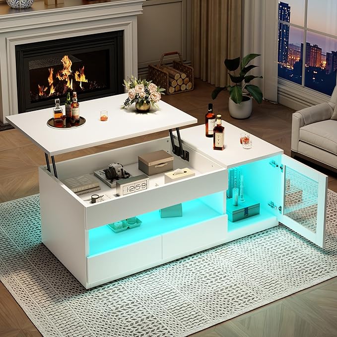 Itaar 39.4" Lift Top Coffee Table with 2 Drawers, Modern LED Coffee Tables for Living Room, Coffee Table with Glass Storage Cabinet, White