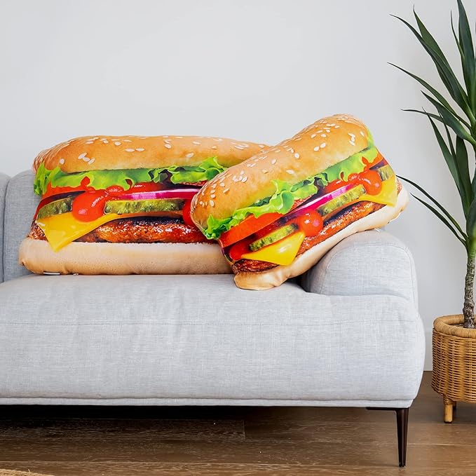 Much Comfort 23" 3D Juicy Cheeseburger Throw Pillow - Made with Super Soft & Ultra Premium Fabric - Cute, Comfortable, Plush, Meat, Nugget, Taco, Stuffed Cushion for Home Decor - Funny Gift - Medium