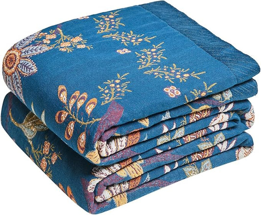 LUTBM Boho Throw Blanket for Couch Sofa Chair Cotton Spring Blankets for Bedroom Living Room All Season Lightweight Reversible Floral Embroidery Throws 50"x60"