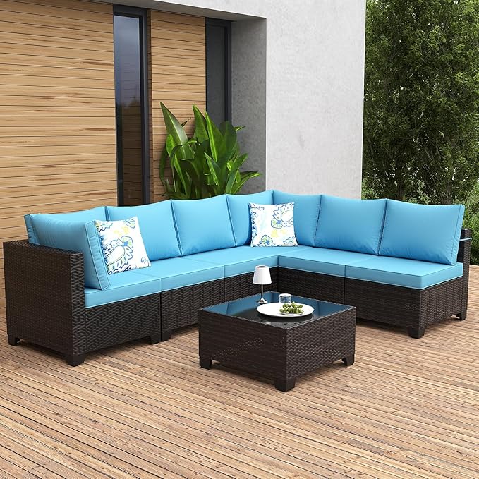 7 Pieces Patio Furniture Set, Outdoor Sectional Rattan Sofa Set, Wicker Patio Conversation Set with Cushions and Glass Coffee Table, for Balcony, Porch, Garden, (Brown/Peacock Blue)