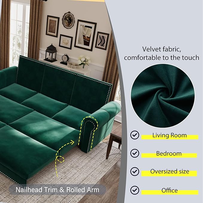 Ball & Cast 3-in-1 Convertible Sofa Bed,93.7" Velvet Pull Out Couch Bed King Size, Loveseat Sleeper Sofa with Nailhead Trim & Rolled Arm,Multi-Functional Sofa Couches for Living Room,Green