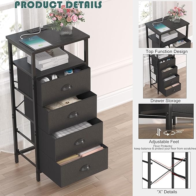 sthmec Nightstand with Charging Station,LED Black Nightstand with 4 Fabric Drawers PU Finish, Bedside End Tables, 2-Tier Open Storage Shelf Side Table Nightstand with Drawers for Bedroom,Black - Image 5