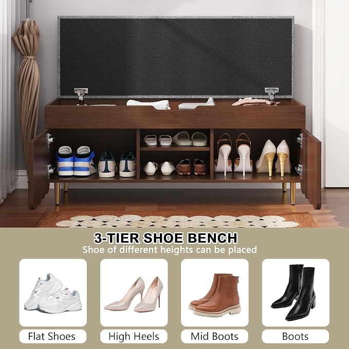 3More 40" Entryway Shoe Storage Bench,Upholstered Hidden Space Beneath Seat Cushion Bench,2-Tier Unique Geometric Shape with Wood Grain,Walnut - Image 6