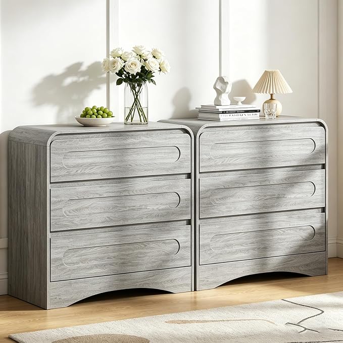32" Large Night Stand Set of 2, 3 Drawer Nightstand with Spacious Drawers, Pre-Installed Slides, Wood Bedside Table, Modern End Table, Curved Nightstand for Bedroom Sofa Couch Office, Grey by SOLACEFURNITURE