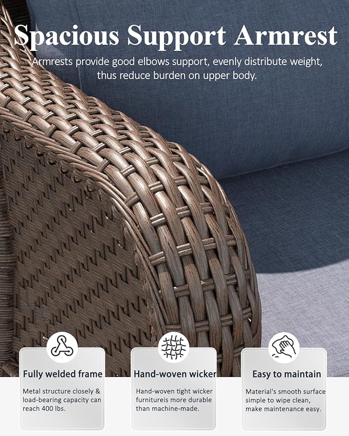 LayinSun 3 Piece Wicker Outdoor Furniture Set with 6-inch Comfy Cushions, High Back Patio Furniture Set with Swivel Rocking Chairs and Side Table