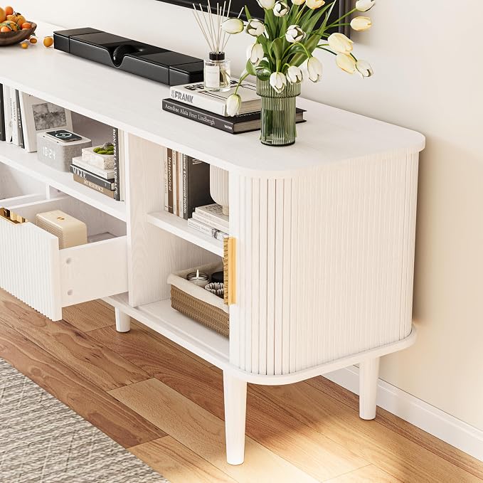 Fluted TV Stand, 62.4 Inch Mid Century Modern Media Console Table with Drawer Sliding Tambour Door Farmhouse Sideboard Buffet Cabinet Fits TVs up to 75 inch Wood Entertainment Center(White) - Image 5