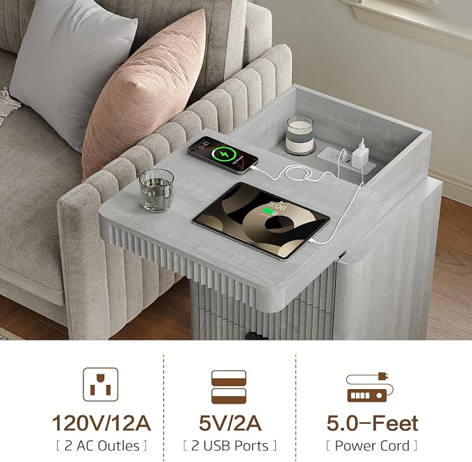 Yanosaku Night Stand Set of 2 with Charging Station, 3-Drawer Fluted LED Bedside Tables with Sliding Top & USB Outlets, Modern End Tables for Small Bedroom Living Room, Light Grey - Image 5