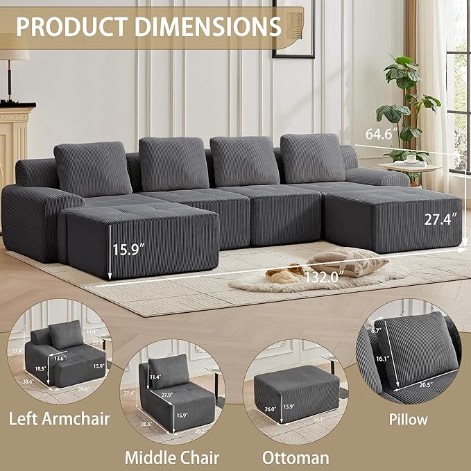 Modular Sectional Sofa with Movable Ottoman, 4 Seat Deep Seat Couch with 4 Pillows, Comfy Cloud Sectional Sofa for Living Room, Bedroom and Apartment (Grey, 1 Left+1 Right+2 Middle+2 Ottoman)