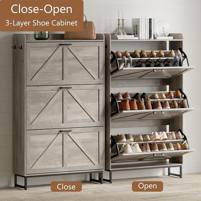 Shoe Cabinet with 3 Flip Drawers, Freestanding Hidden Shoe Storage Organizer for Entryway, Narrow Slim Shoe Rack Cabinet with Open Storage & Hooks for Front Door Entrance, Living Room, Hallway, Grey - Image 3