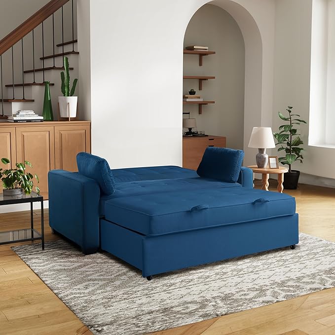 Serta Ainsley 72.6" Convertible Sleeper Sofa, Queen Size, Dreamcoil Comfort, Soft Velvet Fabric, Navy