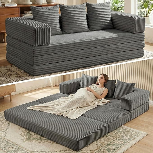 Convertible Sofa Bed Couch, 78’’ Oversized 4-in-1 Boneless Couches with Removable Armrests Backrest, Corduroy Futon Sofa Bed, Foldable Mattress Sleeper Sofa for Living Room Bedroom (Grey)