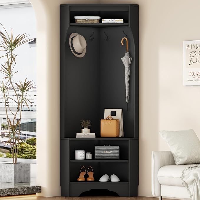 Harper & Bright Designs Minimalist Corner Hall Tree with Shoe Bench, Versatile Entryway Coat Rack with 4 Hooks, Corner Cabinet with Adjustable Shelf for Hallway, Living Room, Black, 29.5''W*71.6''H by HarperBrightDesigns
