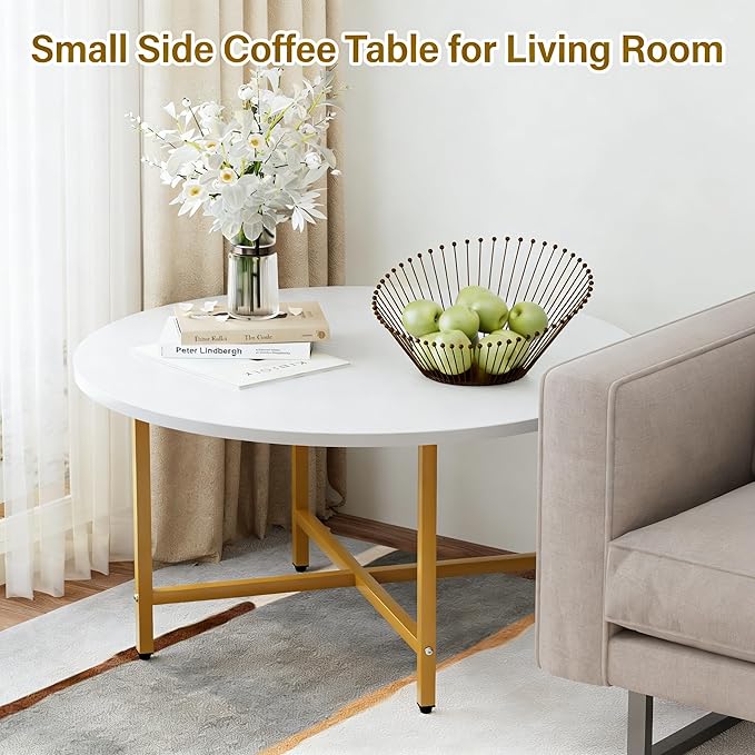 Coffee Table, 23.6" Coffee Tables for Living Room, Round Coffee Table with Metal Frame, Floor Table for Sitting on The Floor, Home, Office, White & Gold Legs