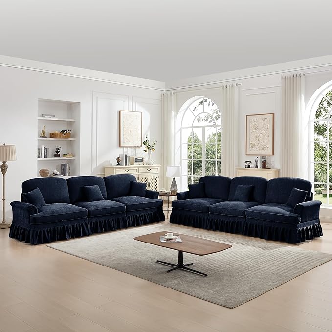 KEIKI Mid Century Modular Sofa with Flared Arms and Skirted Design, 107” Oversized 3-Seater Luxury Chenille Sectional Couches Set for Living Room, Modern Comfortable for Big Living Spaces, Blue