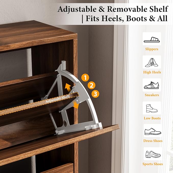 Nicetree Shoe Cabinet Storage for Entryway, 9.5" Narrow Shoe Organizer with Architectural Arched Fluted Front, Slim Shoe Rack with Adjustable Shelves,Fits Size 12 Shoes,Timeless Walnut - Image 4
