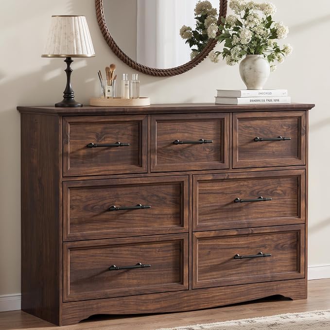 Walnut Dresser for Bedroom, Modern 7 Chest of Drawers, 47" Wide 7 Drawer Dresser with Brushed Metal Handle, Wood Closet Organizers and Storage Cabinet for Bedroom, Living Room, Hallway by Harpaq
