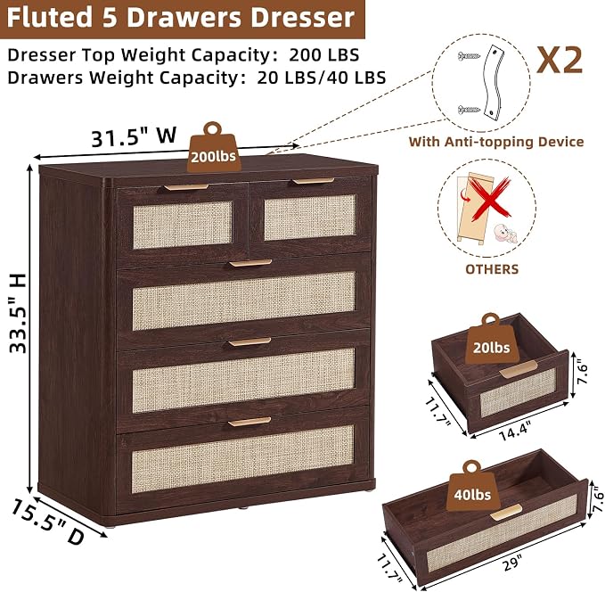 LEYAOYAO Dresser for Bedroom Set of 2, 33.5" Tall Chest of Drawers, Modern 5 Drawers Boho Rattan Dressers with Storage, Dresser Wooden Closet Organizer for Living Room, Hallway - Image 8
