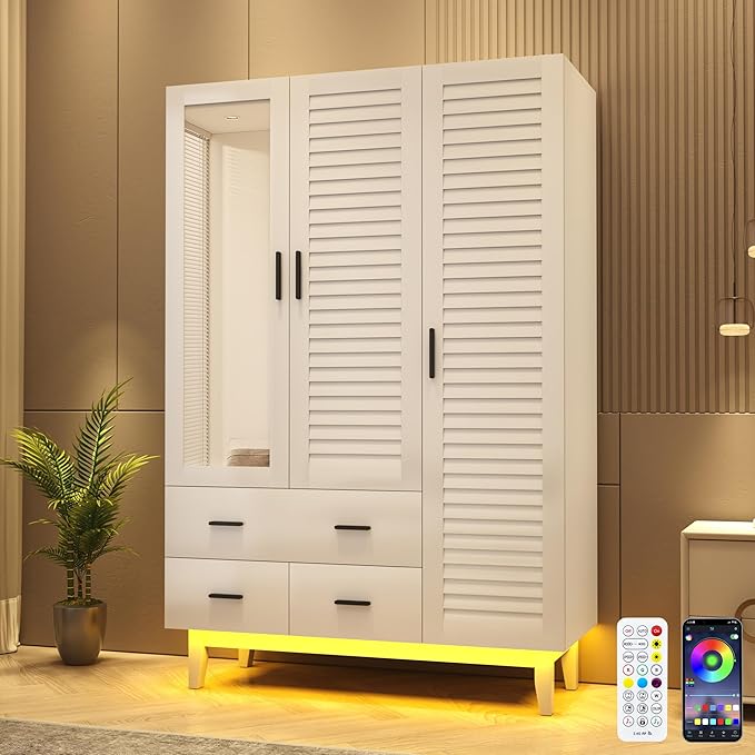 Hlivelood 3 Door Armoire Wardrobe Closet Cabinet with Drawers and LED Lights, Multi-Tier Shelves, Hanging Rod & 3 Louver Doors, Large Capacity Storage Wardrobe Armoire for Bedroom, White