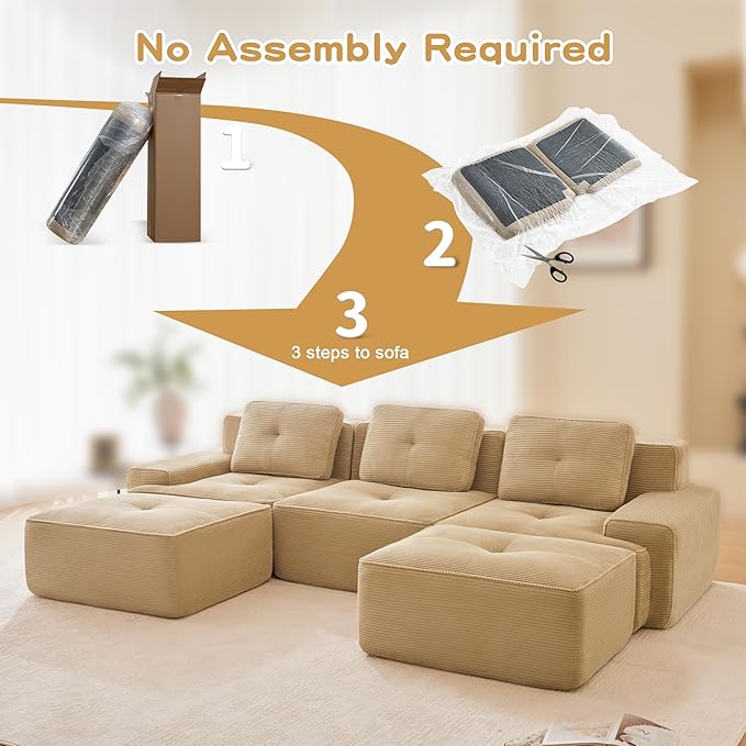 Casaphoria 115'' Camel Modular Sofa Set, 3-Seat U-Shaped Corduroy Couch with 2 Ottomans for Large Living Room No Assembly Required Deep Seat Sectional Couch