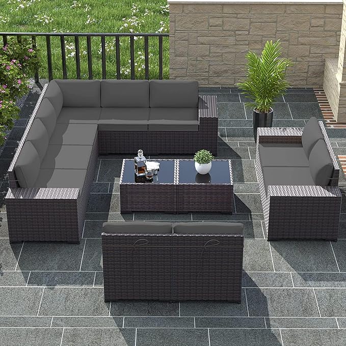 12 PCS Outdoor Patio Furniture Set,Outdoor Sectional Furniture All Weather PE Rattan Wicker Patio Conversation Set with 2 Coffee Tables and 10 Thickened Cushions,Grey