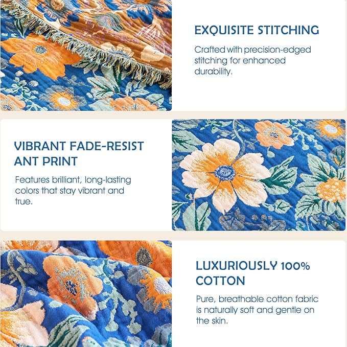 Boho Throw Blanket - 100% Cotton Ultra Soft Muslin Spring Blanket, 60"x80" Lightweight Floral Bird Framhouse Bedding Blanket for Bed, All Season Blue Bohemian Bedroom Home Decor Quilt