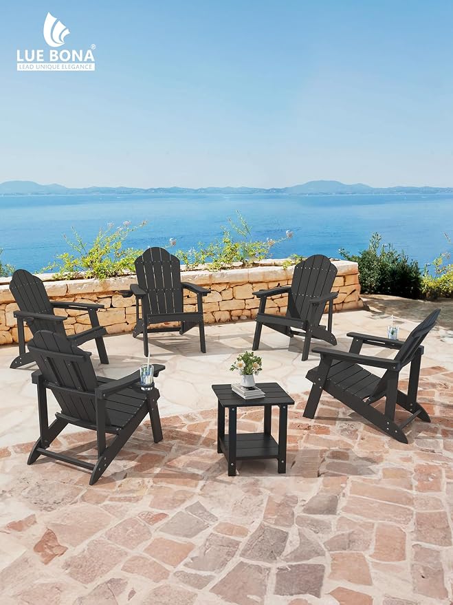 LUE BONA HDPE Adirondack Chairs Set of 6 - Weather Resistant Outdoor Seating with Cup Holder, Ideal for Patio, Deck, Fire Pit & Large Backyard, Black - Image 6
