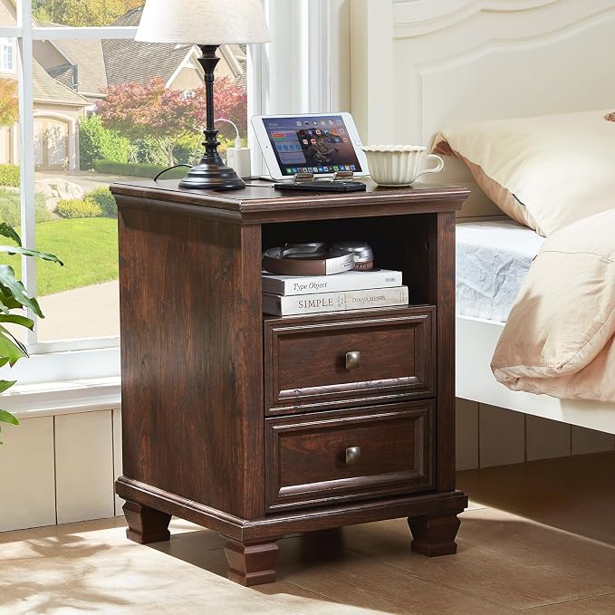 SAVOR LIFE Farmhouse Nightstand Set of 2 with Charging Station, Rustic Brown Nightstand, 2 Drawers End Table, Bedside Table with Open Shelf for Bedroom, Walnut - Image 2