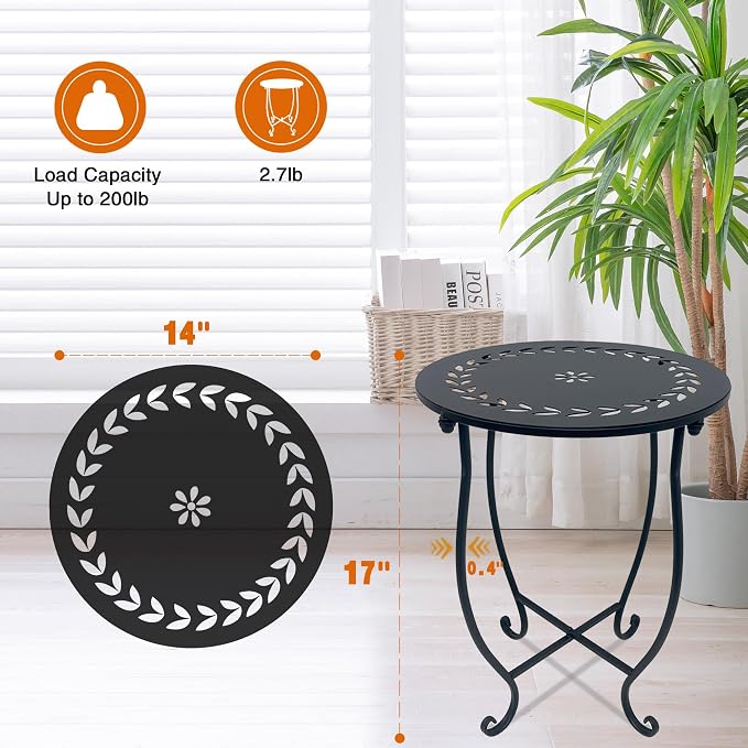 Round Side Table, 1 Pack 14 Inch Bedside Table for Living Room, Bedroom, Weather Resistant Black Metal Outdoor Side Table for Patio Balcony Yard Porch Garden, Plant Stand for Indoor Outdoor Use - Image 4
