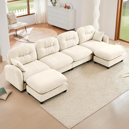 KEIKI 140" U-Shaped Oversized Chenille Modular Sectional Sofa with 2 Ottoman, High-Density Foam Cushions, Tufted Pleated Cushion Backrest, Modern 4-Seater Couch with 2 Pillow, for Living Room, Beige
