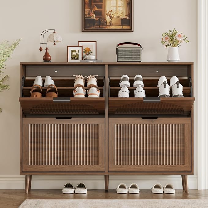 BORNOON Shoe Cabinet for Entryway with 4 Flip Drawers, Slim Wooden Shoe Storage Organizer with Modern Fluted Pannel，Freestanding Narrow Hidden Shoe Rack for Hallway, Foyer, Living Room - Image 7