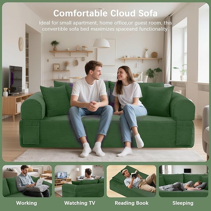 83" Modern Sofa in a Box, No Assembly Oversized 3 Seater 28" Deep Seat Cloud Sofa Bed Couch with 4 Furry Pillows & Corduroy Fabric, Boneless Couch with Side Storage Pockets for Living Room, Green