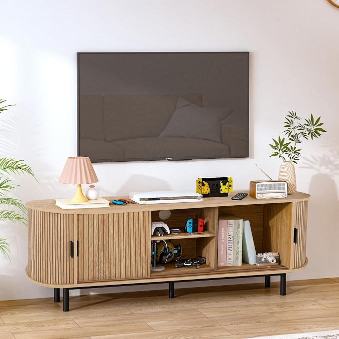FurSch 62" Tambour Door TV Stand,Wood Mid Century Modern TV Cabinet for Up to 75“ TV,Curved Edge Long TV Stand with Storage for Bedroom Living Room (Natural, 62.2inch) - Image 5
