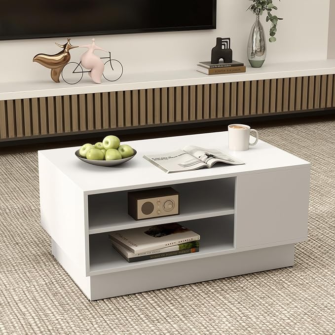 GOFLAME Modern Coffee Table with Storage, 34” Wooden Center Table with 2-Tier Open Storage Shelves, Open Side, Rectangular Tea Table for Living Room, Reception Room, Lounge, White