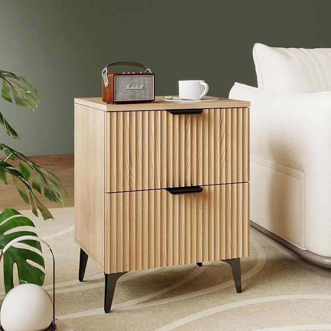 Wood Night Stand Set 2 Fluted Dresser for Bedroom 2 Drawers End Tables Nightstands Set of 2, Storage Modern Bedside Table Set of 2, Oak Nightstand - Image 7