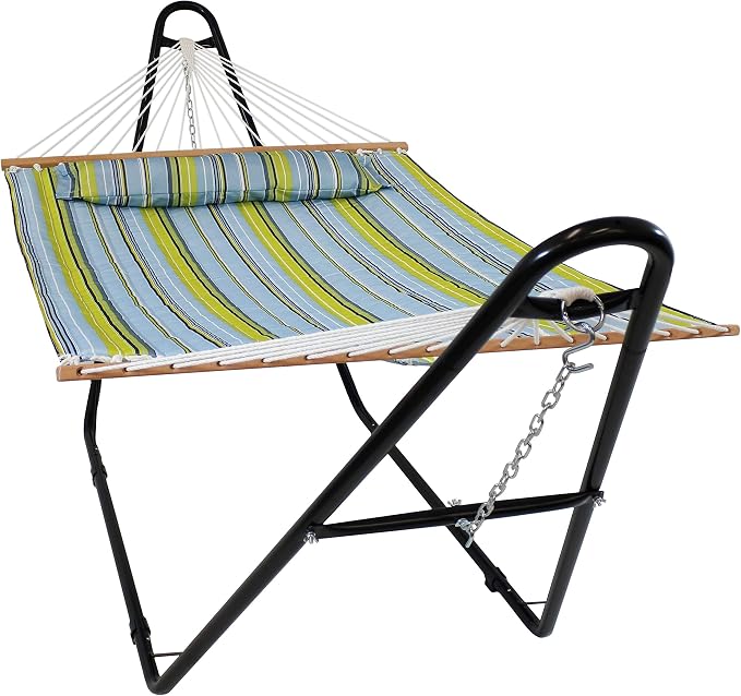 Sunnydaze Double Quilted Fabric Hammock with Universal Steel Stand - 450-Pound Capacity - Black Stand - Blue and Green - Image 10