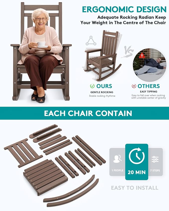 SERWALL Oversized Rocking Chair, Outdoor Rocking Chair for Adults, All Weather Resistant Porch Rocker for Lawn Garden, Brown - Image 5