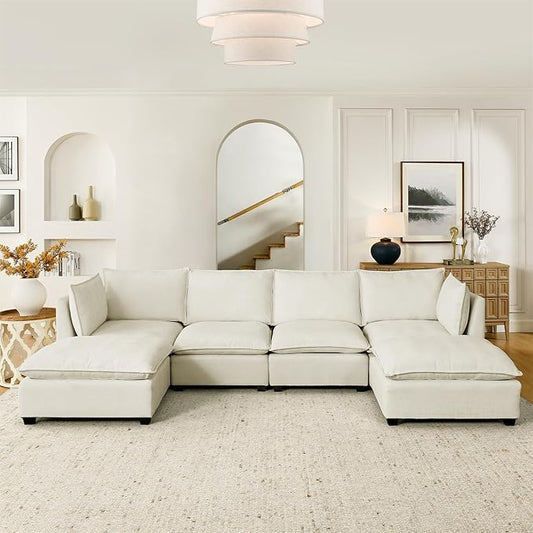 Flexible Combination Convertible Modular Sectional Sofa,140" Oversized U Shaped Cloud Couches with 2 Movable Ottomans,6-Seat Chenille Combination Sofa Set for Living Room | Layer Cushions