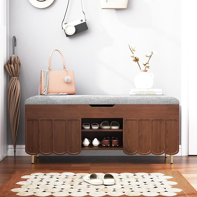3More 40" Entryway Shoe Storage Bench,Upholstered Hidden Space Beneath Seat Cushion Bench,2-Tier Unique Geometric Shape with Wood Grain,Walnut - Image 3