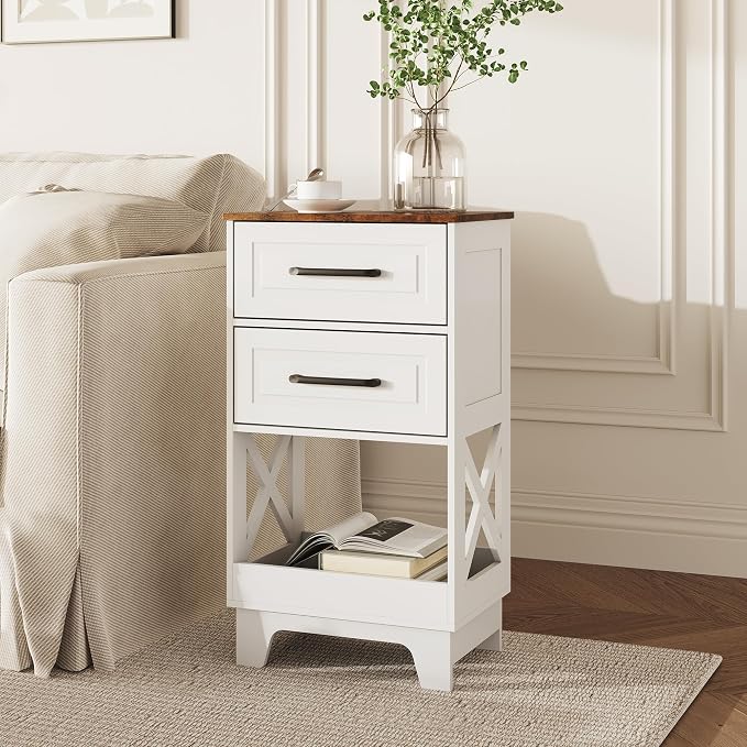 Tall Nightstand Set of 2 Side Table Modern Night Stand with 2 Drawers Wooden Rustic End Table Bedside Table with Upper Open Shelf Solid Feet for Bedroom White+Walnut - Image 4