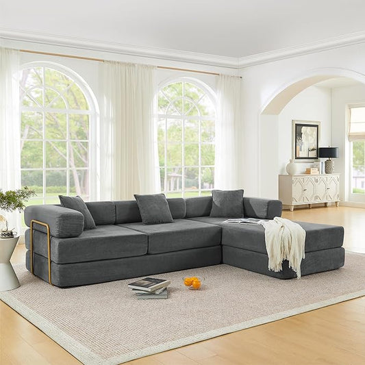 Eafurn L Shaped Convertible Sleeper Sofa Bed King Size Sleeper Sofabed, 7-in-1 DIY Combination Corduroy Folding Mattress Couch with Fixed-Shape Frame, Boneless Floor Sofa Couch
